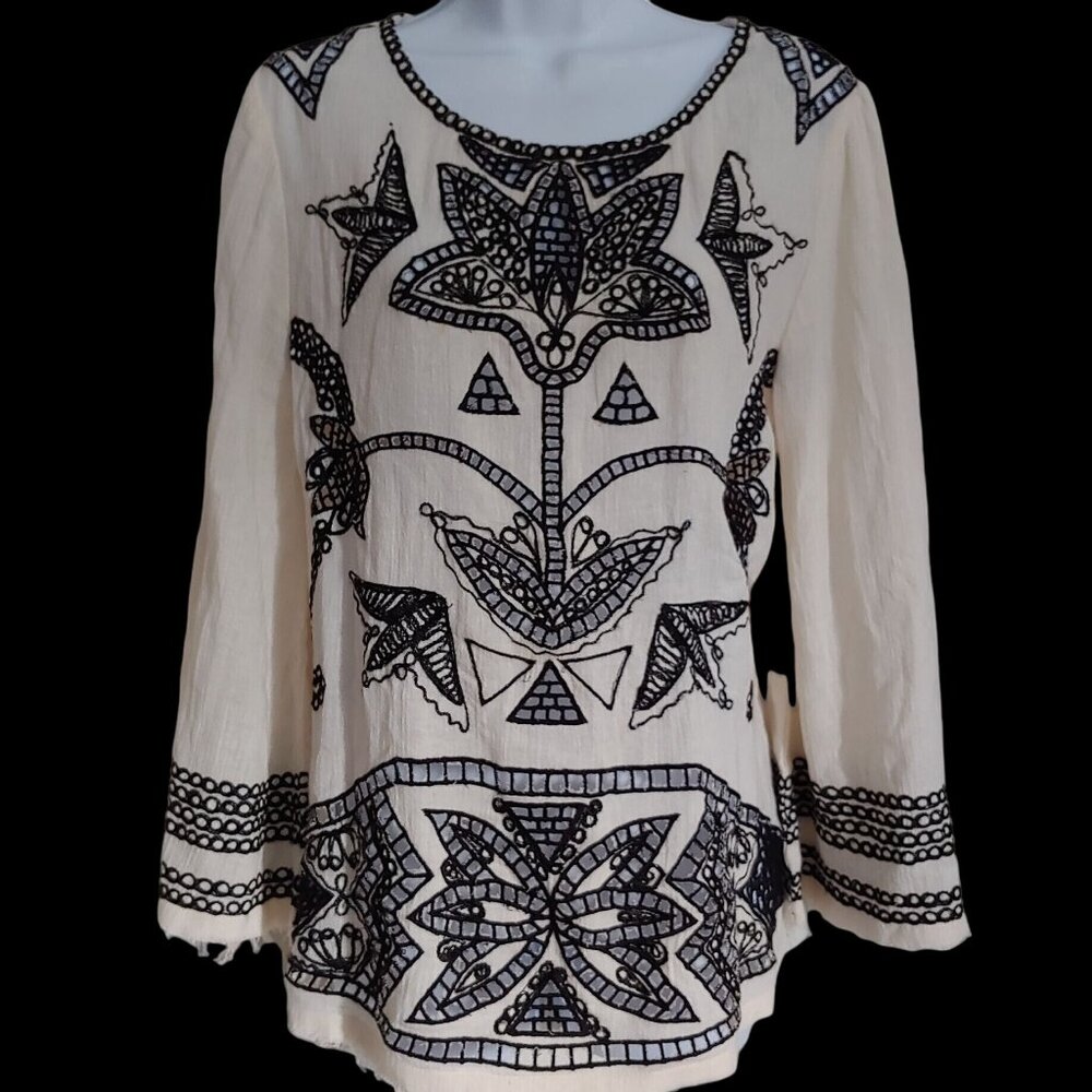 Free People New Romantics Semi Sheer Cutout Embroidered Long Bell Sleeve Tunic M
